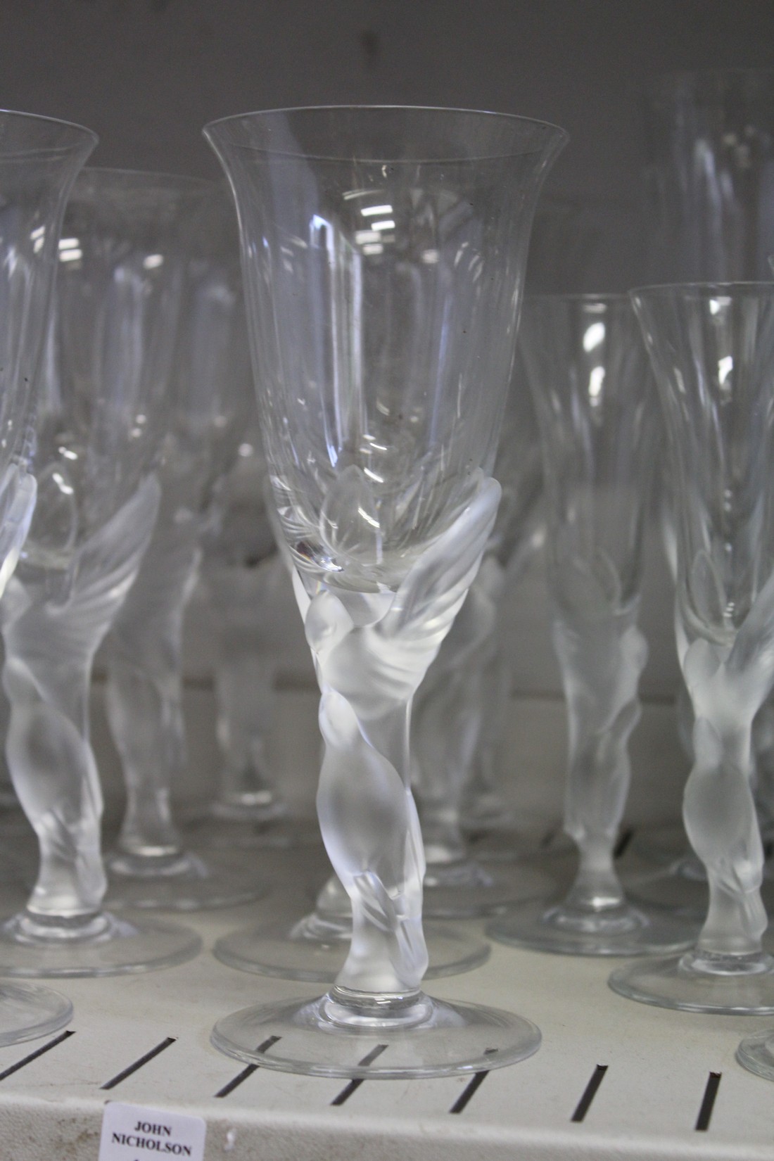 A suite of drinking glasses with frosted glass stems modelled as pairs of doves. - Image 2 of 3