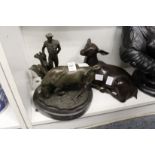 A good modern bronze casting of a bull fighter and bull together with a bronze seated deer.