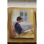 A lady seated reading a book, oil on canvas, unframed.