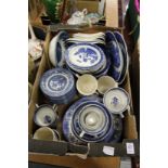 A box of blue and white china.
