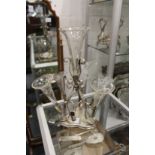 A silver plate and cut glass epergne (some trumpets replaced / lacking).