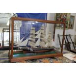 A very good large model sailing ship in a purpose built mahogany framed display cabinet, complete