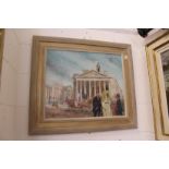 R. Fowler Elegant Figures Promenading Beside a Horse and Carriage with Classical Buildings oil on