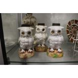 Three moulded owl lamp bases (one lacking eyes).