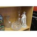A Lladro figure of a young shepherd, two glass decanters and a glass bowl.