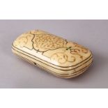 A VERY FINE CAUCASIAN WALRUS IVORY TOBACCO BOX, with silver and gold wire work inlaid decoration