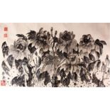 A CHINESE PAINTING OF FLORAL DECORATION - HUANG ZHOU - the scroll section painted with inkwork /