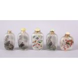 A MIXED LOT OF 5 CHINESE REVERSE PAINTED SNUFF BOTTLES, each with decoration of birds in landscape