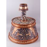 A LARGE AND IMPRESSIVE 19TH CENTURY HISPANO - MORESQUE LUSTRE POTTERY CANDLE STICK, with a copper