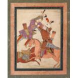 A ISLAMIC / PERSIAN MINIATURE PAINTING OF TWO WARRIORS - both depicted upon horseback, signed lower,