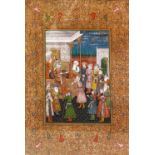 A GOOD LARGE 19TH CENTURY INDIAN MINIATURE PAINTING, depicting the Emperor Jahangir in the royal