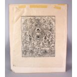 A TIBETAN PAPER THANKA RUBBING / BLOCK PRINT OF BUDDHA, depicting seated buddhas, taped to card,