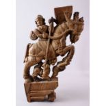 A LARGE 19TH CENTURY INDIAN HARDWOOD CARVING - carved to depict a figure upon horseback, the horse