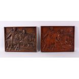 A PAIR OF TURKISH OTTOMAN CARVED WOODEN PANELS, EACH CARVED TO DEPICT SCENES OF MEN UPON HORSES,