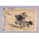 A CHINESE PAINTING ON PAPER - WARRIOR ON HORSEBACK, the painting depicting a warrior in battle
