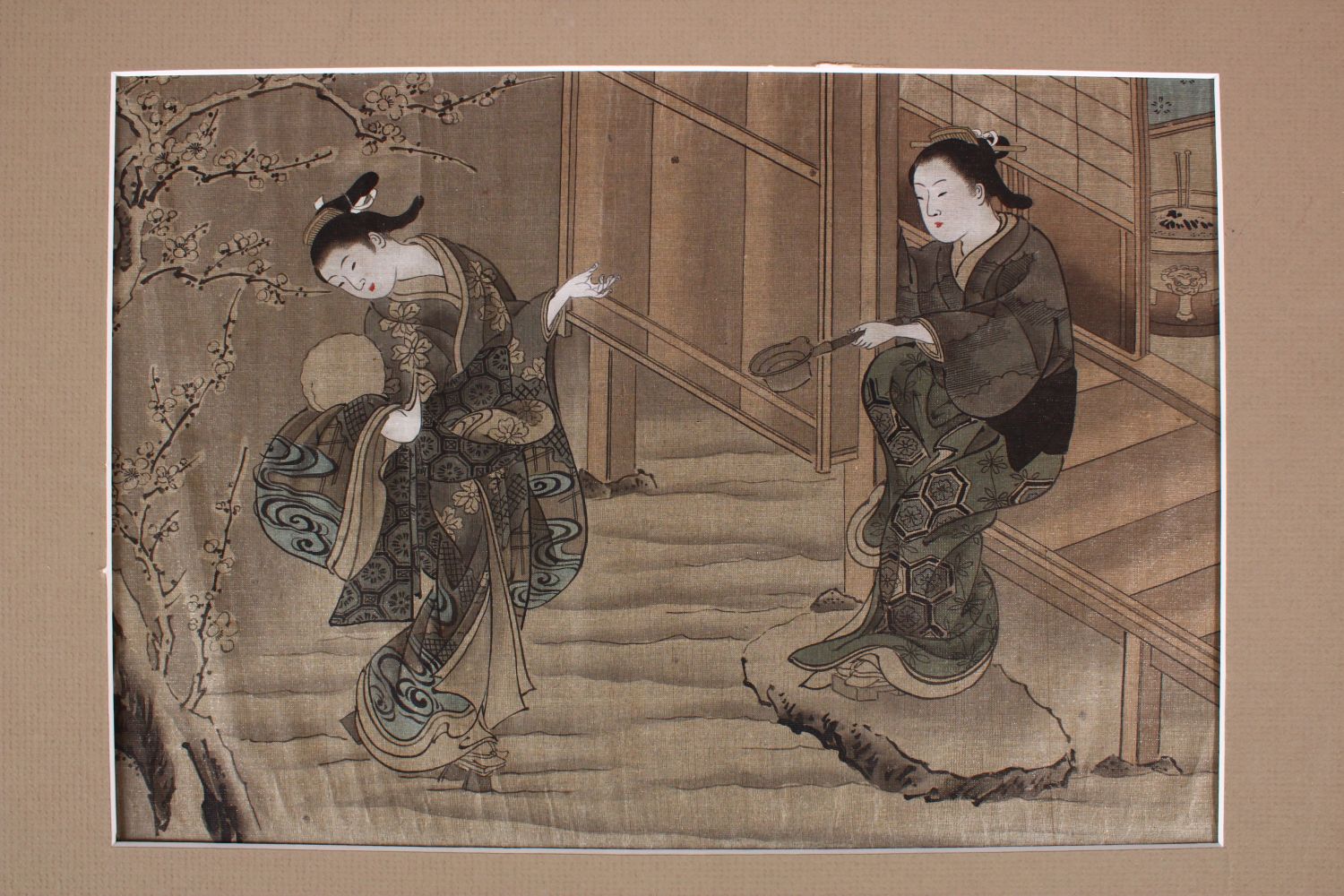 A CHINESE PAINTING ON TEXTILE OF TWO FEMALE FIGURES, depicting two figures in a garden setting, - Image 2 of 3