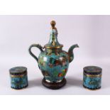 A 19TH CENTURY CHINESE CLOISONNE EWER & TWO LIDDED TEA CADDIES, the ewer decorated with a blue