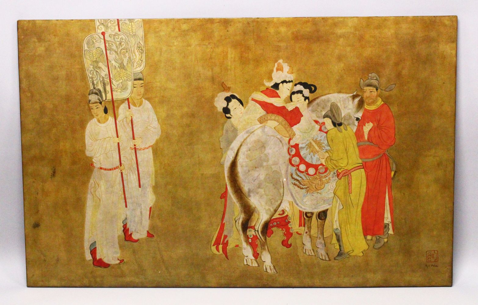 A LARGE AND IMPRESSIVE VIETNAMESE PAINTED PANEL OF A WEDDING SCENE ATTRIBUTED TO NGUYEN VAN MINH ,