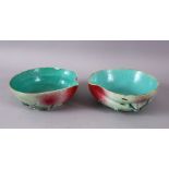 A PAIR OF CHINESE TURQUOISE GLAZED PEACH FORMED DISHES, each with relief vine and a graduating