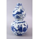 A CHINESE BLUE & WHITE DOUBLE GOURD PORCELAIN VASE, decorated with scenes of immortals shou lao &