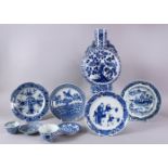 A 19TH CENTURY CHINESE BLUE AND WHITE PILGRIM VASE, and eight other blue and white pieces.