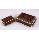 TWO INDIAN / BURMESE CARVED WOOD & MICRO MOSAIC LIDDED BOXES, each with carved wooden sections and