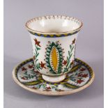 18TH CENTURY TURKISH KUTHAYA POTTERY CUP AND SAUCER, decorated with panel floral motifs, 11cm high x