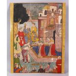 A 19TH CENTURY INDIAN PAINTING ON CARDBOARD - depicting princes before princess in a garden setting,