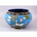 A JAPANESE MEIJI PERIOD CLOISONNE JARDINIERE / BOWL, the blue ground with display of cranes and