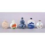 A MIXED LOT OF 5 CHINESE SNUFF BOTTLES, two blue & white porcelain, both with marks to base, one