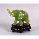 A SMALL CHINESE CARVED JADE FIGURE OF AN ELEPHANT, with a carved hardwood base, 10cm overall high.
