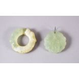 TWO CHINESE CARVED JADE BUTTERFLY & DRAGON BI DISK PENDANTS, one pale almost translucent jade carved