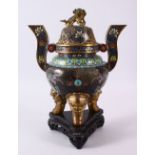 A 19TH / 20TH CENTURY CHINESE CLOISONNE TRIPOD TIN HANDLE CENSER, COVER & STAND - the body with a