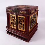 A 19TH/20TH CENTURY CHINESE GILT WOOD MAKE UP BOX, the top with opening mirror lid, the doors