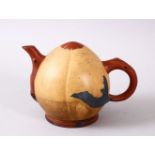 A CHINESE YIXING CLAY GOURD FORMED TEAPOT, with poly chrome decoration, the base with an impressed