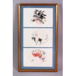 A CHINESE FRAMED PAINTED TRIO, depicting fruit, figure on horseback, and flora, each sealed and