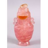 A CHINESE CARVED ROSE QUARTZ VASE & COVER, carved with duck and lotus decoration, twin carved