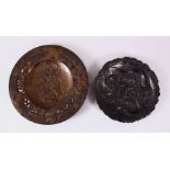 TWO JAPANESE MEIJI PERIOD SOFT METAL / ANTIMONY DISHES - KWANNON - DRAGON, the larger in fine detail