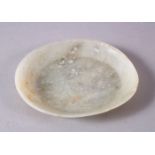 A CHINESE CARVED WHITE JADE BATS PLATE / DISH, the interior with twin bat decoration, the verso with