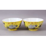 A PAIR OF CHINESE YELLOW GROUND PORCELAIN BOWLS, decorated with floral decoration and birds, the