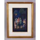 A PERISAN MINIATURE FRAMED PAINTING, depicting many figures in a garden setting, 30.5cm x 23cm (