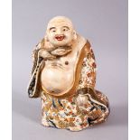 A JAPANESE MEIJI PERIOD SATSUMA IGURE OF HOTEI, stood aside his treasure sack, the robes detailed