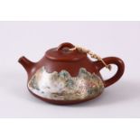 A CHINESE YIXING CLAY PAINTED TEAPOT - the body decorated with a landscape view in famille rose, the