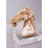 AN EARLY CHINESE HAN DYNASTY POTTERY HORSE HEAD BUST, the figure in two sections, with poly chrome