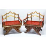 A PAIR OF 19TH/20TH CENTURY THAI CARVED HOWDAH ELEPHANT CHAIRS, profusely carved and pierced with