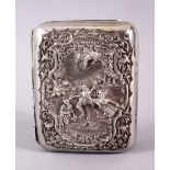 A 19TH CENTURY BURMESE SILVER CIGARETTE BOX, with moulded relief depicting figures and birds in