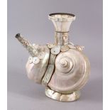 A UNUSUAL 18TH CENTURY INDIAN GOA INLAID MOTHER OF PEARL SHELL FORMED WATER EWER, 24CM X 22CM ,