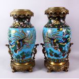 A LARGE PAIR OF 19TH CENTURY JAPANESE CLOISONNE & ORMOLU MOUNTED VASES, the body of the blue