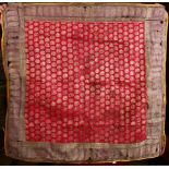 A 17TH CENTURY PERISAN SILK TEXTILE PANEL, with a red / pink ground with gold motif, approx 75cm