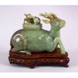 A CHINESE CARVED JADE DEER CENSER & COVER, The deer in a recumbent position, with carved floral